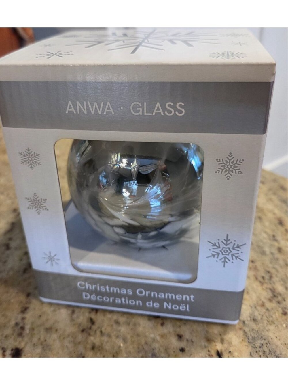 Anwa Glass Handcrafted in Poland Christmas Ornament Round White Silver Clear